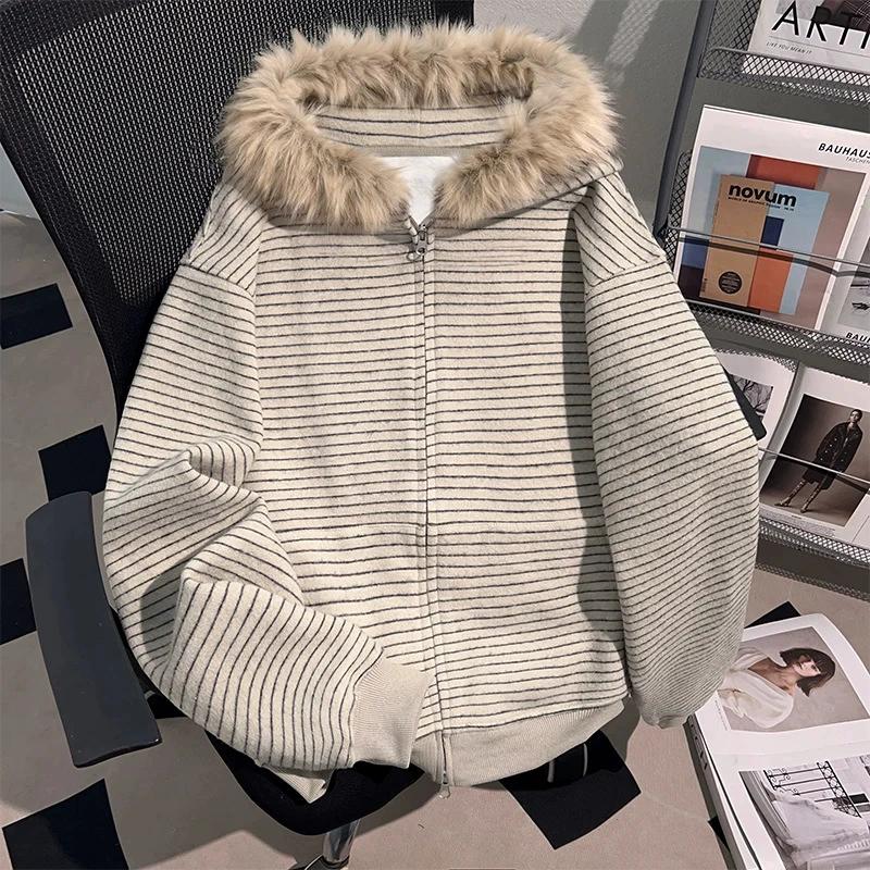 Punk Mantel Y2k 2000er Vintage Kunstpelzkragen Kapuzenpullover Reißverschluss Damen Sweatshirts Goth Streifen Heißes Mädchen Mantel Winterjacken Hip Hop M gray
