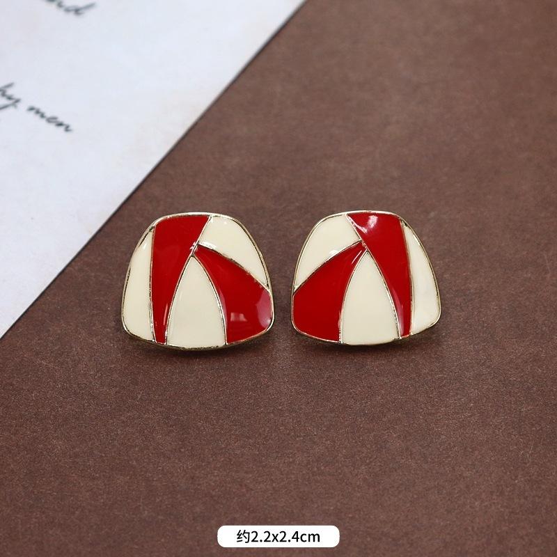 

French geometric square retro temperament stud earrings elegant red classic Hong Kong style nostalgic enamel modern medieval earrings