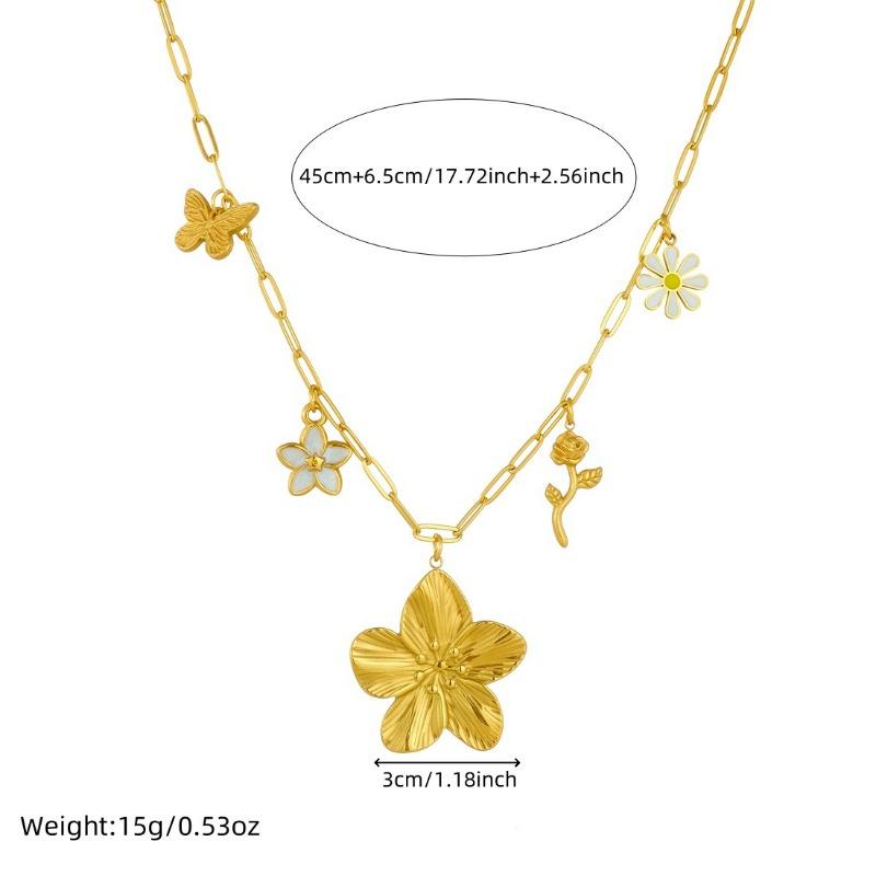 Gold Paperclip Chain Necklace with Flower and Butterfly Charms