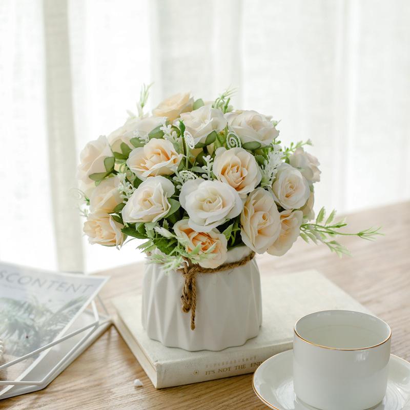 Artificial Flowers with Small Ceramic Vase Faux Roses Plants Eucalyptus Leaves Berries Flower Arrangements Decorations for Home