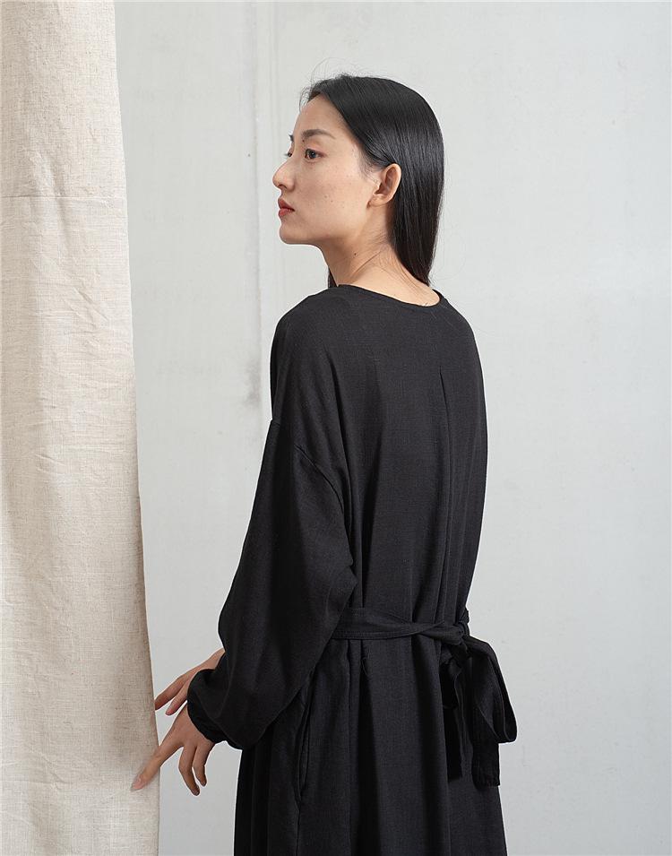 Women's Washed Bamboo Linen Chinese-Style Dress with Waist Seal, Available In 3 Colors
