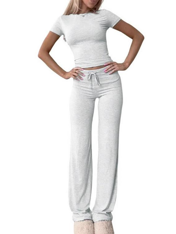 Spring 2026 Women's Solid Color Casual Two-Piece Set - Short Sleeve Top & Long Pants