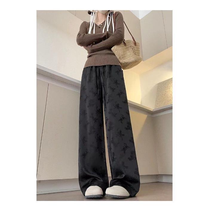 Chinese National Style 2024 Women's Wide-Leg Jacquard High-Waisted Satin Pants