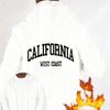 California West Coast Letter Fleece-Lined Hooded Zip-Up Jacket, Windproof Durable Warm, Casual Versatile Coat