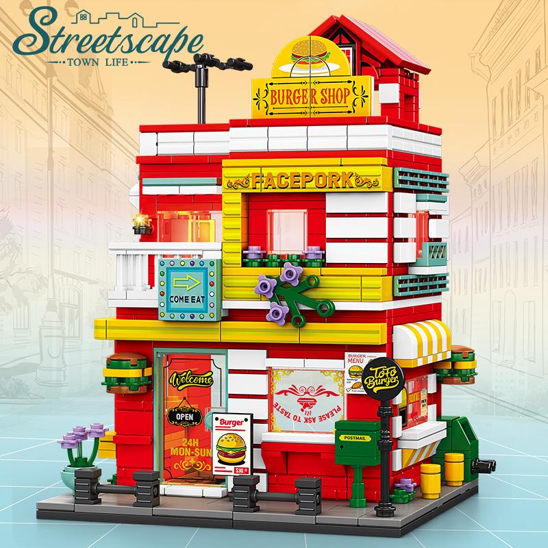 Stadt Bausteine Street View Burgerladen Blockhaus Laden Bauset Desktop Deko Kinder DIY Spielzeug Weihnachts- Geburtstagsgeschenk