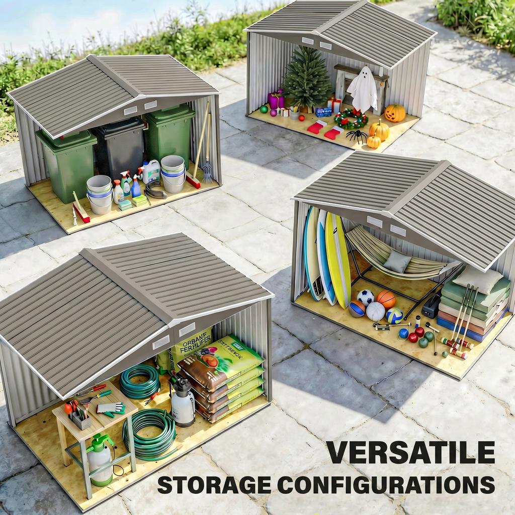 9 X 6FT Outdoor Garden Roofed Metal Storage Shed Tool Box with Foundation Ventilation & Doors Light, Grey