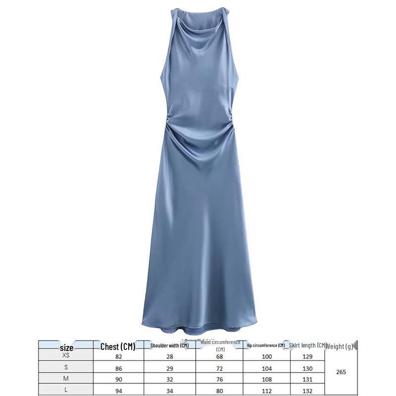 

2024 Европейская и американская мода Черное миди-платье из шелкового сатина - Дизайн без рукавов с круглым вырезом Small (S)