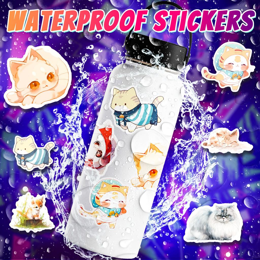 50 Watercolor Cat Stickers Cartoon Cute Cat Watercolor Stickers Decorative Suitcase Guitarist Account Book Stickers