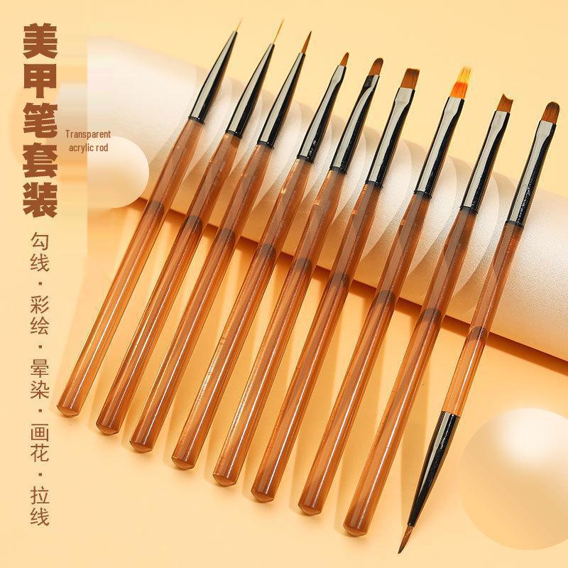 9dílná japonská průsvitná hnědá sada štětců na nail art pro malování linek, ombre a květin