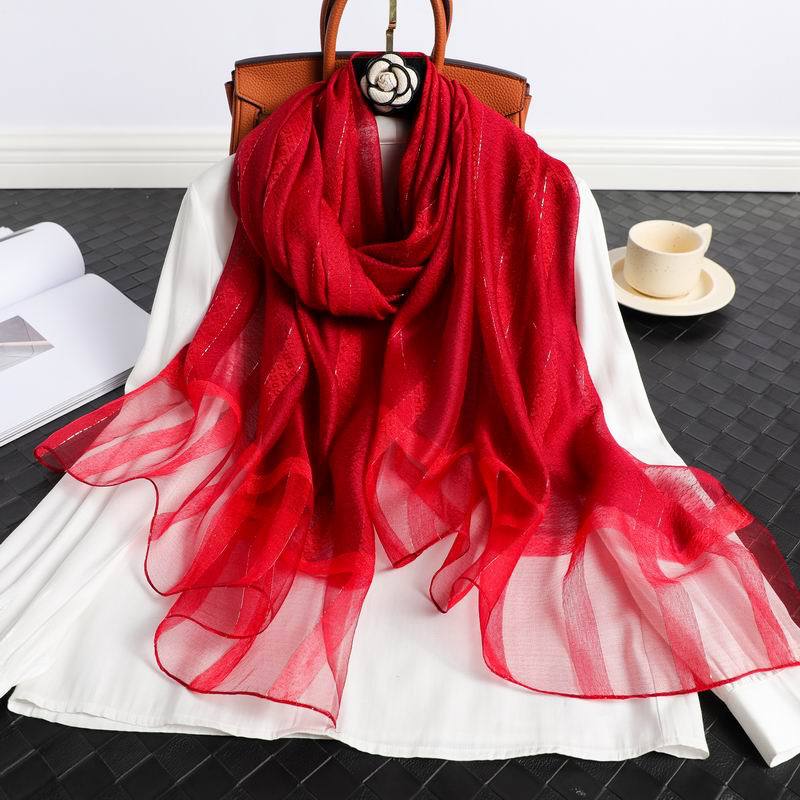Fashion Stripe Women Silk Scarf Thin Summer Lady Beach Shawl Scarves With Gold Thread Muslim Foulard Female Hijab Headscarf