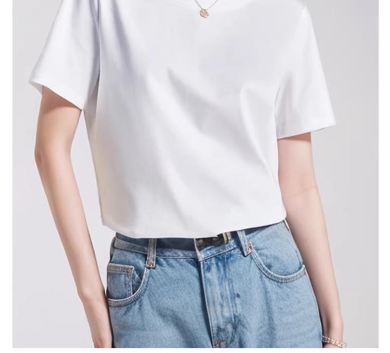 Women's High-End White Mercerized Cotton T-Shirt - Summer 2026 Pure Cotton Short Sleeve, Round Neck, Loose Fit, Slimming Top