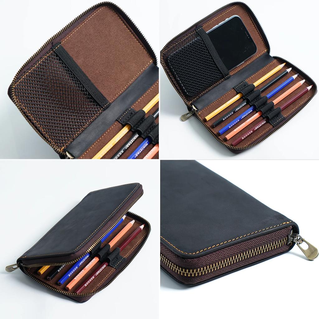 Genuine Leather Zipper Pencil Case Retro Zip Pen Pouch For School Students Supplies Gifts Cowhide Pencil Bag with Pen Slots