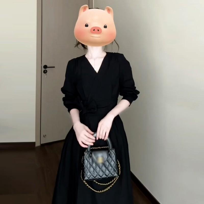 

2025 French Black V-Neck Waist-Slimming Long Dress - Women s Early Autumn Fashion 2XL чёрный