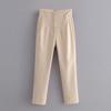 Women Solid Color High Waist Pockets Buttons Office Lady Orange Suit Pants Trousers