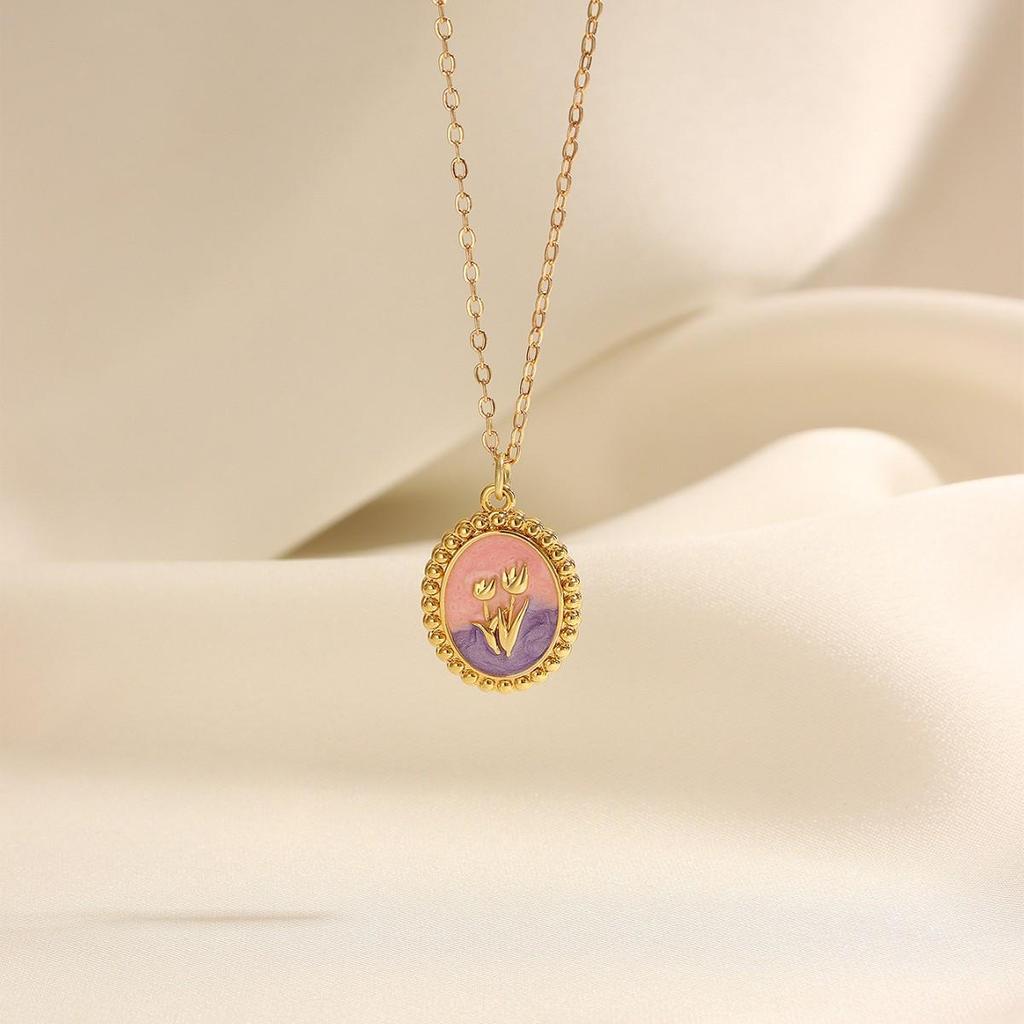 Retro Court Tulip Clavicle Necklace: Pink-Purple Gradient Flower Drip