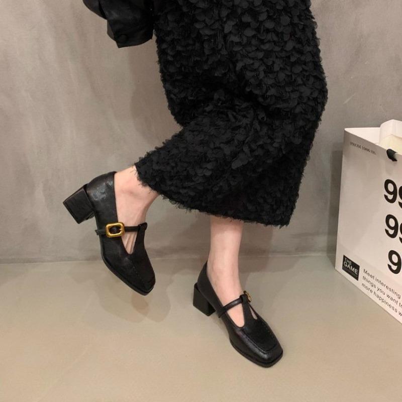 Niche design thick heel single shoes early autumn square head small leather shoes retro Mary Jane shoes women's shoes