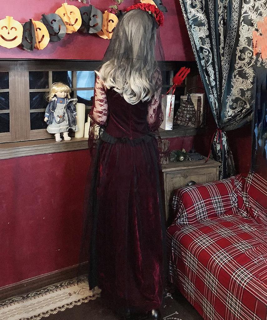 [Milky Time] Vampire Halloween Cosplay Bride Zombie Costume with Rose and Red Veil Set