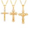 CZ Cross of Jesus Christ Crucifix Pendant Necklace, Figaro Chain Adjustable, Women Catholic Jewelry
