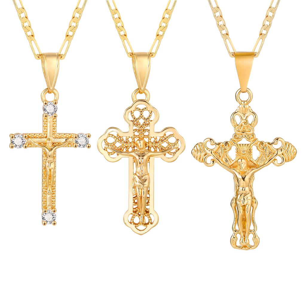 CZ Cross of Jesus Christ Crucifix Pendant Necklace, Figaro Chain Adjustable, Women Catholic Jewelry