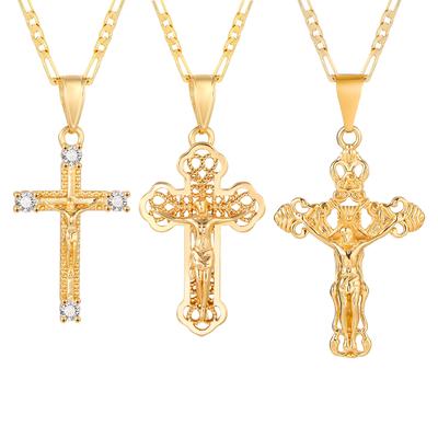 CZ Cross of Jesus Christ Crucifix Pendant Necklace, Figaro Chain Adjustable, Women Catholic Jewelry