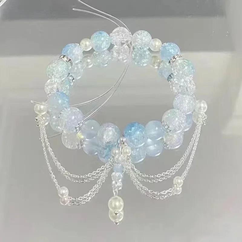 Bracciale con Perline e Ciondolo a Forma di Fiore Rosa di Cristallo Coreano e Farfalla per Donne, Catena Dolce con Perle, Gioielli Regalo per Fidanzata