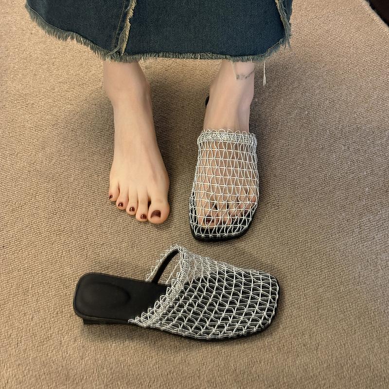 French low-heeled fishing net shoes mesh hollow bag head half slippers women's summer wear 2025 new hole cool slippers
