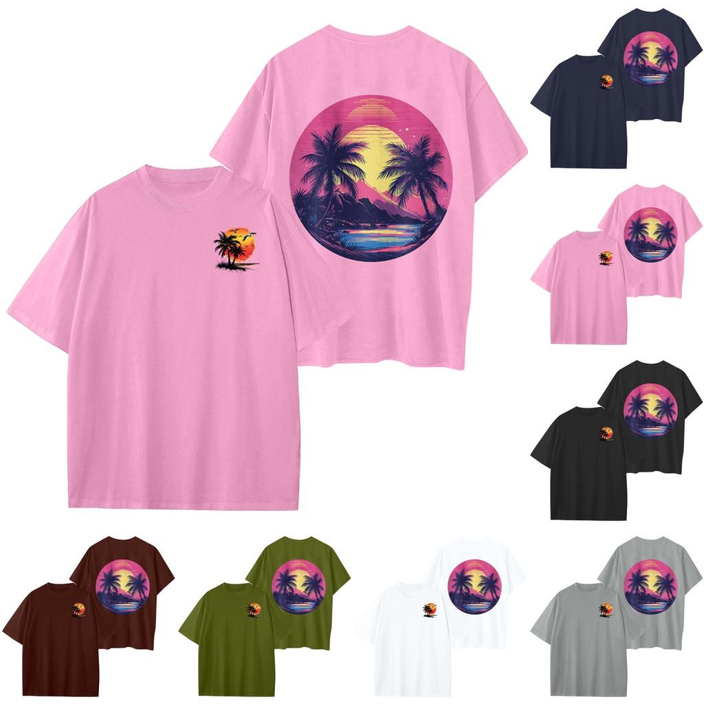 Women's Round Neck Fashionable Loose Hawaiian Print Short Sleeves