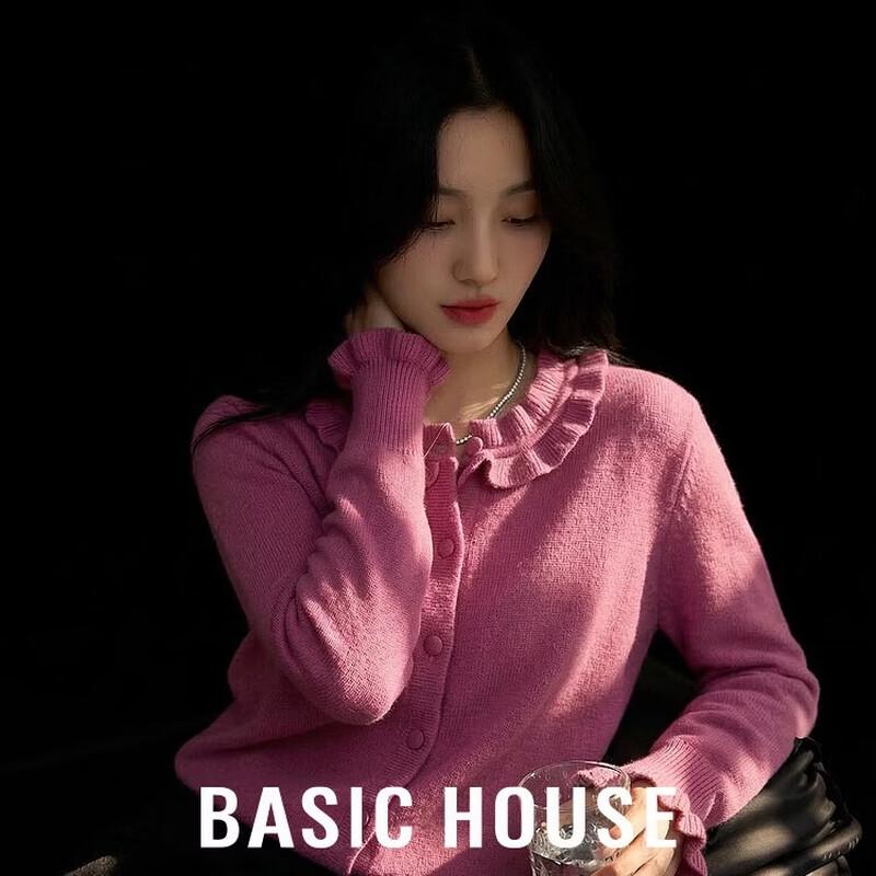 Basic House Women s Lace Trim Round Neck Cardigan Sweater L