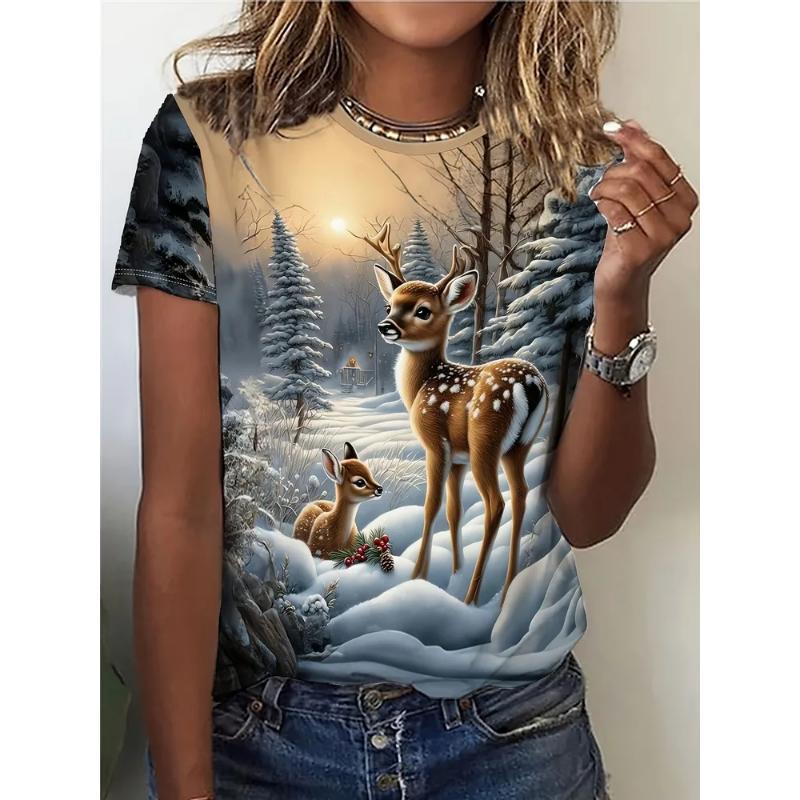 Fashion Women's Crew Neck Short Sleeve 3D Animal Color Printing Animal Short Sleeve Crew Neck T-Shirt