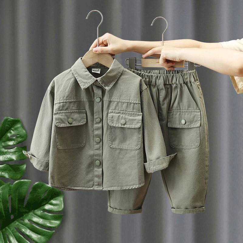 

Boys Spring/Fall Stylish Solid-Color Workwear Set Small-to-Medium Child Size Single-Button Long-Sleeve Shirt + Pants Two-Piece Set 90 темно-зелений колір