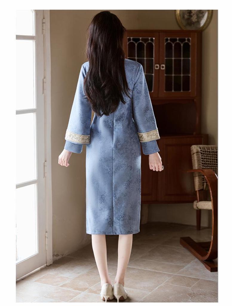 Bei Zhi Yun Blue Elegant Cheongsam: 2025 Autumn New Style Ladylike Daily Wear