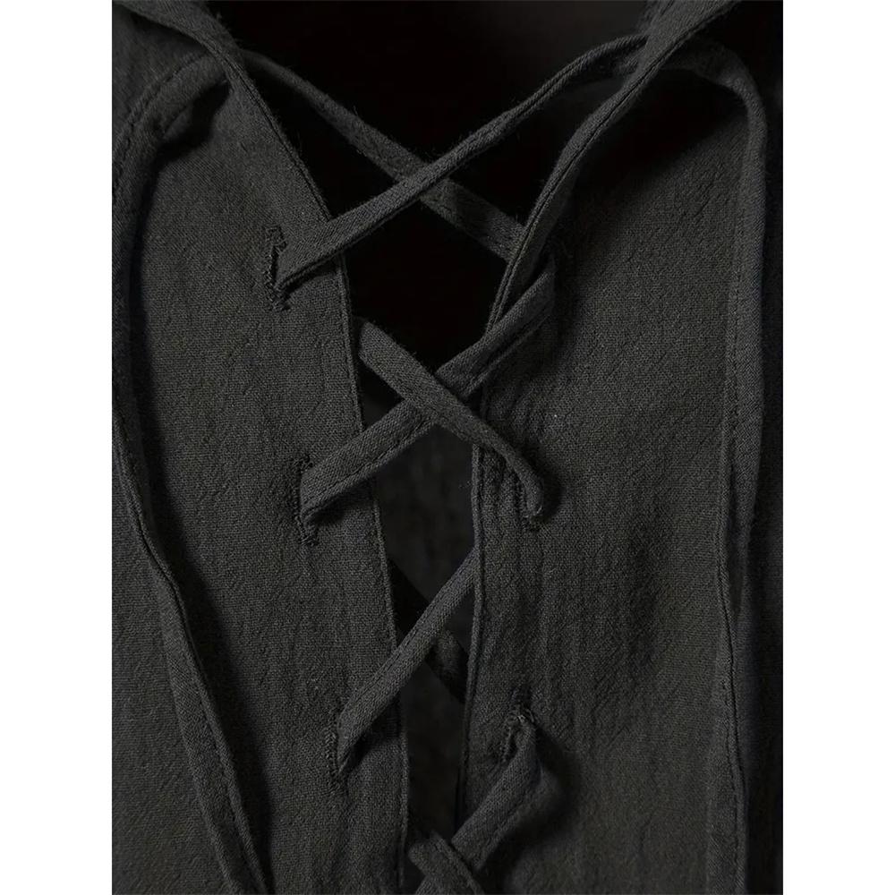 Men's Retro Shirt Short Sleeve Cotton Linen Lightweight Breathable Solid Color Fashion Tops Pirate V-neck Male Stylish Shirs