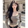 Autumn Winter Unique Striped Slim Short Bottoming Shirt for Women Slimming Long-sleeved T-shirt Top
