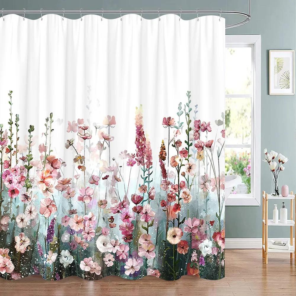 Spring Botanical Floral Shower Curtain Watercolour Style Floral Landscape Washable Fabric Bath Curtain Bathroom Decor With Hooks