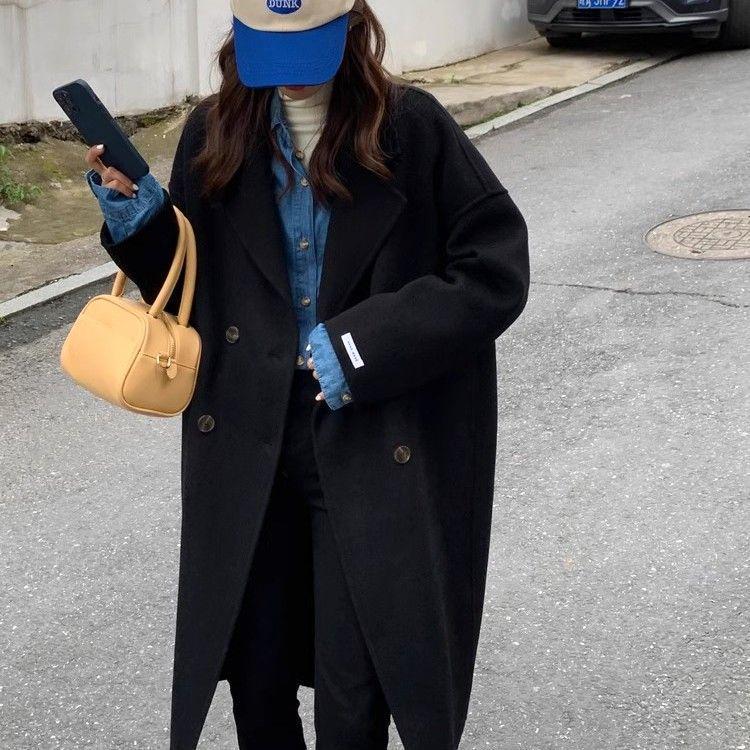 

2025 Осень/Зима Серое Миди Двустороннее Шерстяное Пальто: Свободное женское пальто в корейском стиле, ручной работы M [125-150 lbs]