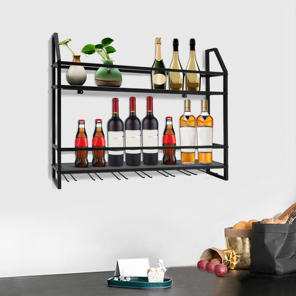 Wall Mounted Wine Rack Holder, Black Steel Frame, Modern Bar Storage Shelf With 66 lbs Load Capacity For Kitchen, Dining Room