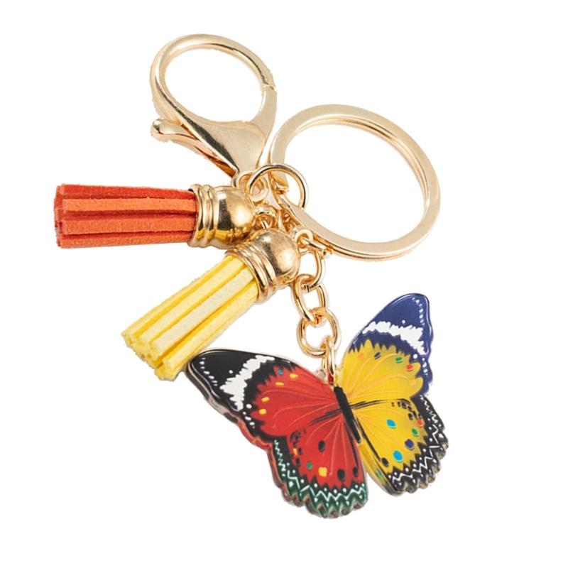 

Cute Alloy Heart Buckle Keyring Small Fresh Acrylic Colorful Butterflies Tassels Keyholder Bag Pendant for Women