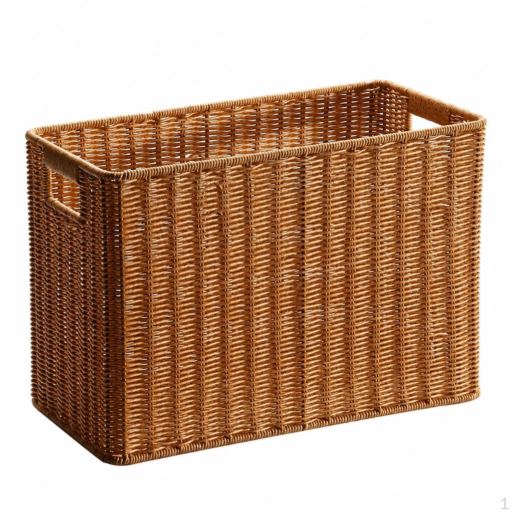 Woven Storage Baskets, Rectangular Wicker Basket with CutOut Handles, Tan Synthetic Rattan for