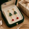 Holiday Jewelry Gifts 1 Pair Christmas Tree Earrings for Women, Colorful Rhinestone Shaped Gold Plated Alloy Dangle with Red Bead Charm, Winter