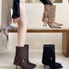 2025 Autumn and Winter New Models, European and American Style Belt Buckle Suede Pointed Head High Heel Thin Heel Short Boots, Thin Trouser Leg Boots