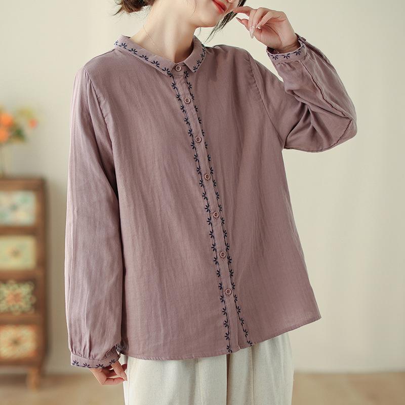 2025 Retro Art Women's Embroidered Lapel Shirt - Comfortable Spring Top