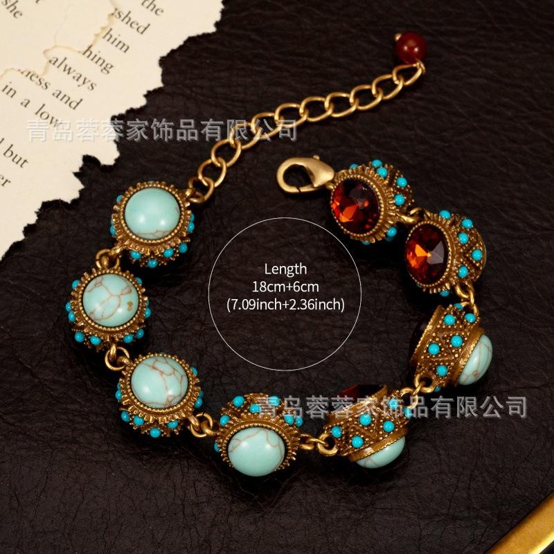 Vintage Jewelry Turquoise Natural Stone Inlaid With Zircon Bracelet Hollow Style