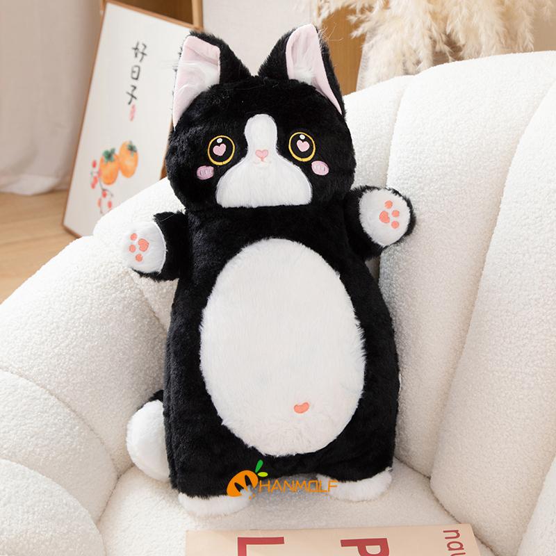 40/55/65cm Kawaii Cat Long Pillow Cartoon Animal Stuffed Doll Plush Toy Black Grey Brown Siamese Cats Sleeping Hug Plushie Gift