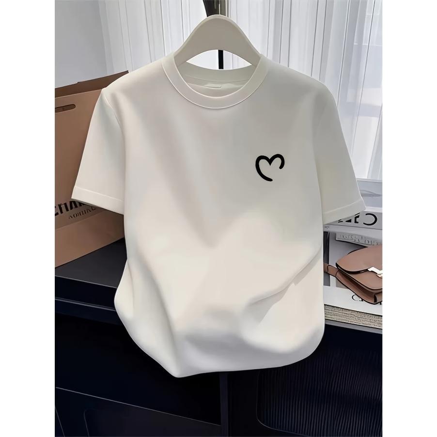 Spring and Summer Simple Round Neck Fashionable Loose and Versatile Casual Short Sleeved T-shirt Women's Top Printed with Love Pattern
