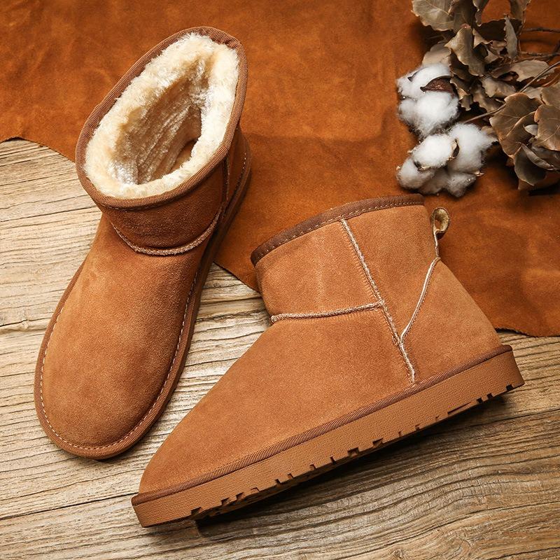 Classic leather snow boots for men and women couples warm and cold-proof short boots velvet cotton boots 5 men's shoes