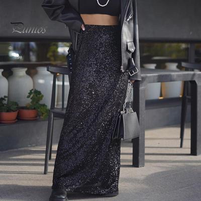Maxirock für Damen, elastisch, hohe Taille, glänzende Pailletten, langer Rock im Street-Style, lockere Passform, Rock für Nachtclubs und Bühnenshows