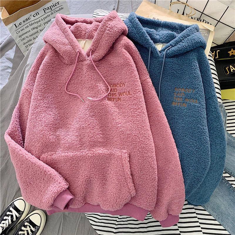 Korean Style Women's Lambswool Fleece Lined Hooded Sweatshirt Jacket - Trendy Loose Fit for Autumn/Winter