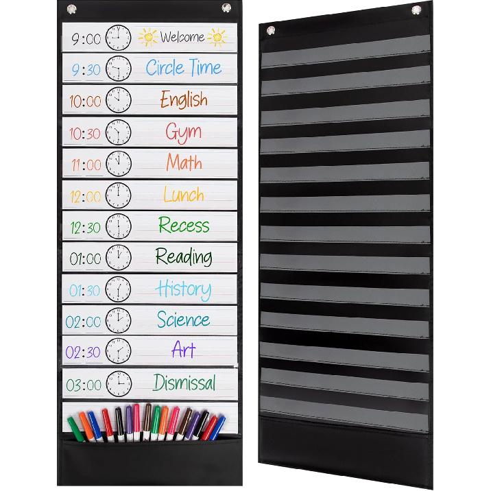 Essex Wares - 13 Pocket Daily Schedule Pocket Chart, Ultra-Durable Visual Schedule for Kids - Easy to Use, Reble Daily Schedule for Kids - Reversible 13 Pocket