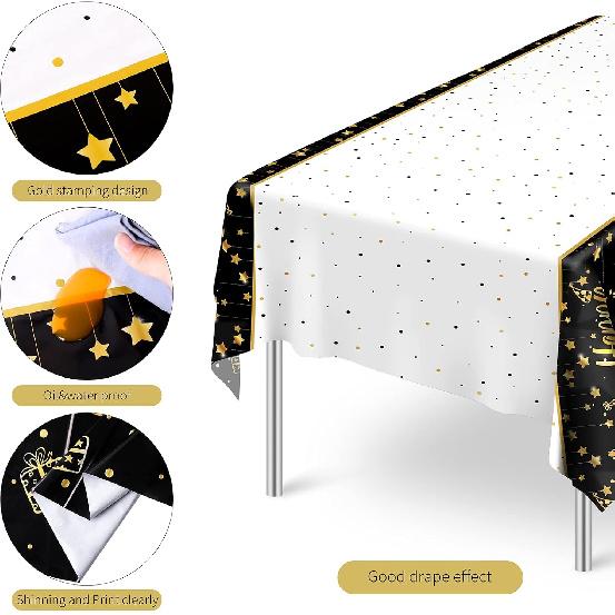 Ruisita 2 Pack Black Gold Table Cloth Cover Happy Birthday Tablecloth Party Tablecloths Rectangular Table Cloth Cover for Indoor or Outdoor Parties