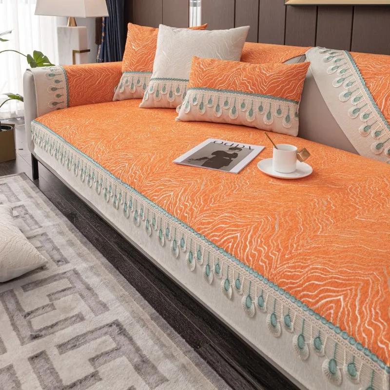 Chenille Sea Wave Jacquard Sofa Cover Lace Couch Cushion Cover Four Season Universal Sofa Mat Anti Slip Solid Color Sofa Cushion